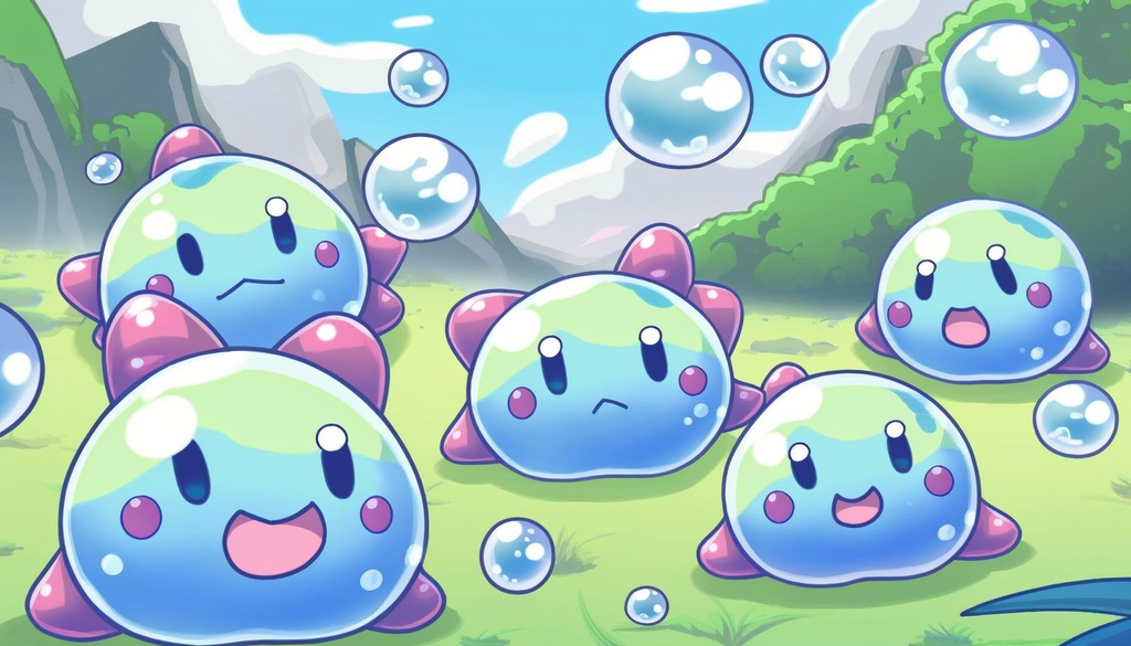 A role playing game kawaii slimes in the wild, high... | OpenArt