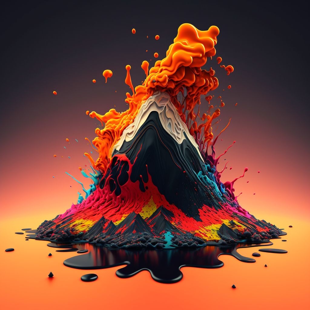 Prompt: volcano made of paint spewing paint in another dimension, pop surreal