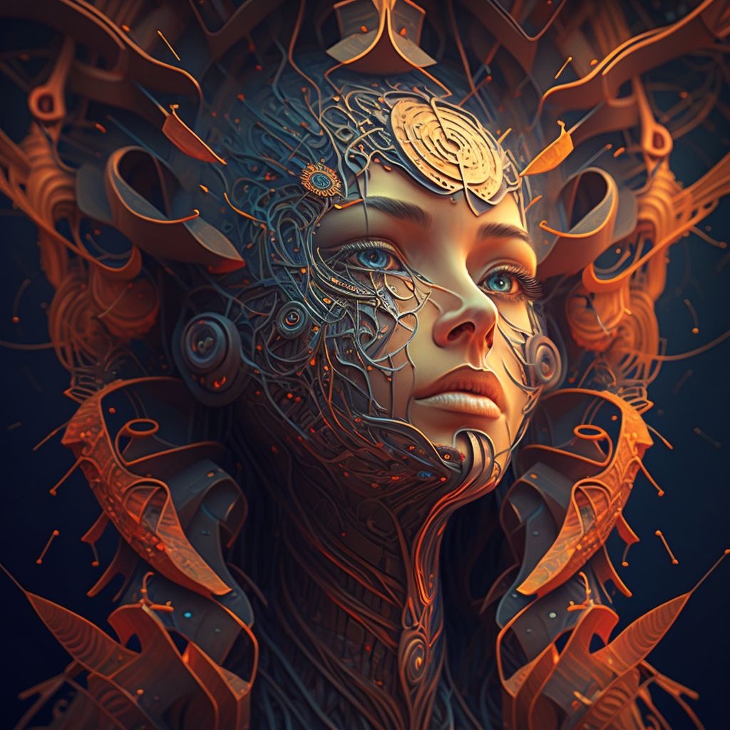 Prompt: a digital painting of a woman's face, inspired by tomasz alen kopera, psychedelic art, dan mumford and peter mohrbacher, portrait of a robot shaman, whose mind is pure machinery, orange skin. intricate, fractal biomech, convoluted, beeple and james jean, intricate 3 d illustration, a beautiful artwork illustration