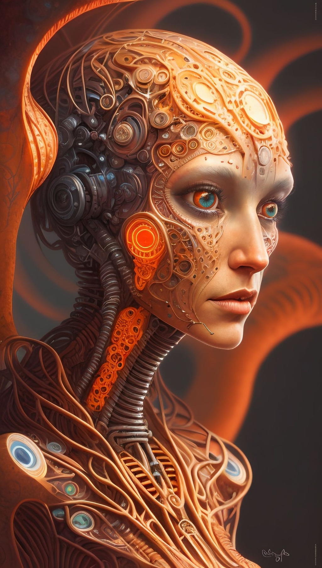 Prompt: a digital painting of a woman's face, inspired by tomasz alen kopera, psychedelic art, dan mumford and peter mohrbacher, portrait of a robot shaman, whose mind is pure machinery, orange skin. intricate, fractal biomech, convoluted, beeple and james jean, intricate 3 d illustration, a beautiful artwork illustration