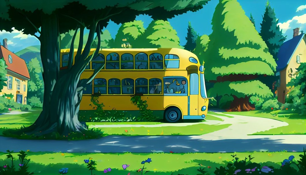 Prompt: A friendly bus with a happy magic school bus face, loving, caring, background driving in the suburbs full of trees sidewalks and houses