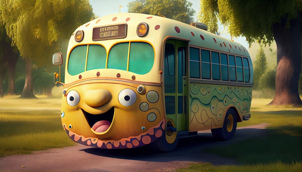 Prompt: A friendly bus with a happy magic school bus face, loving, caring, background driving in the suburbs full of trees sidewalks and houses