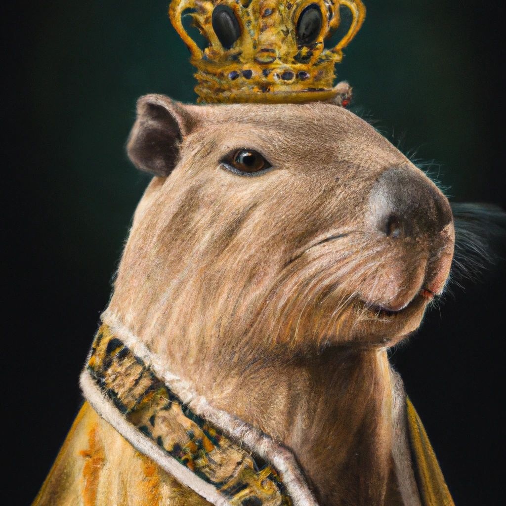 Prompt: an oil painting portrait of a capybara wearing medieval royal robes and an ornate crown on a dark background