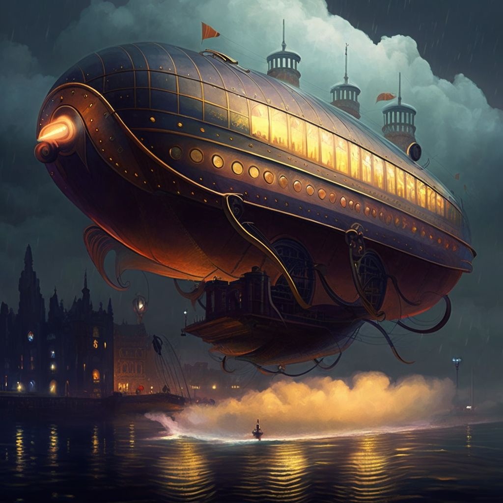 Prompt: The steam-powered dirigible soared through the night sky, its propellers churning and its lights illuminating the dark clouds below. The passengers aboard were amazed by the sights of the magnificent mechanical city below