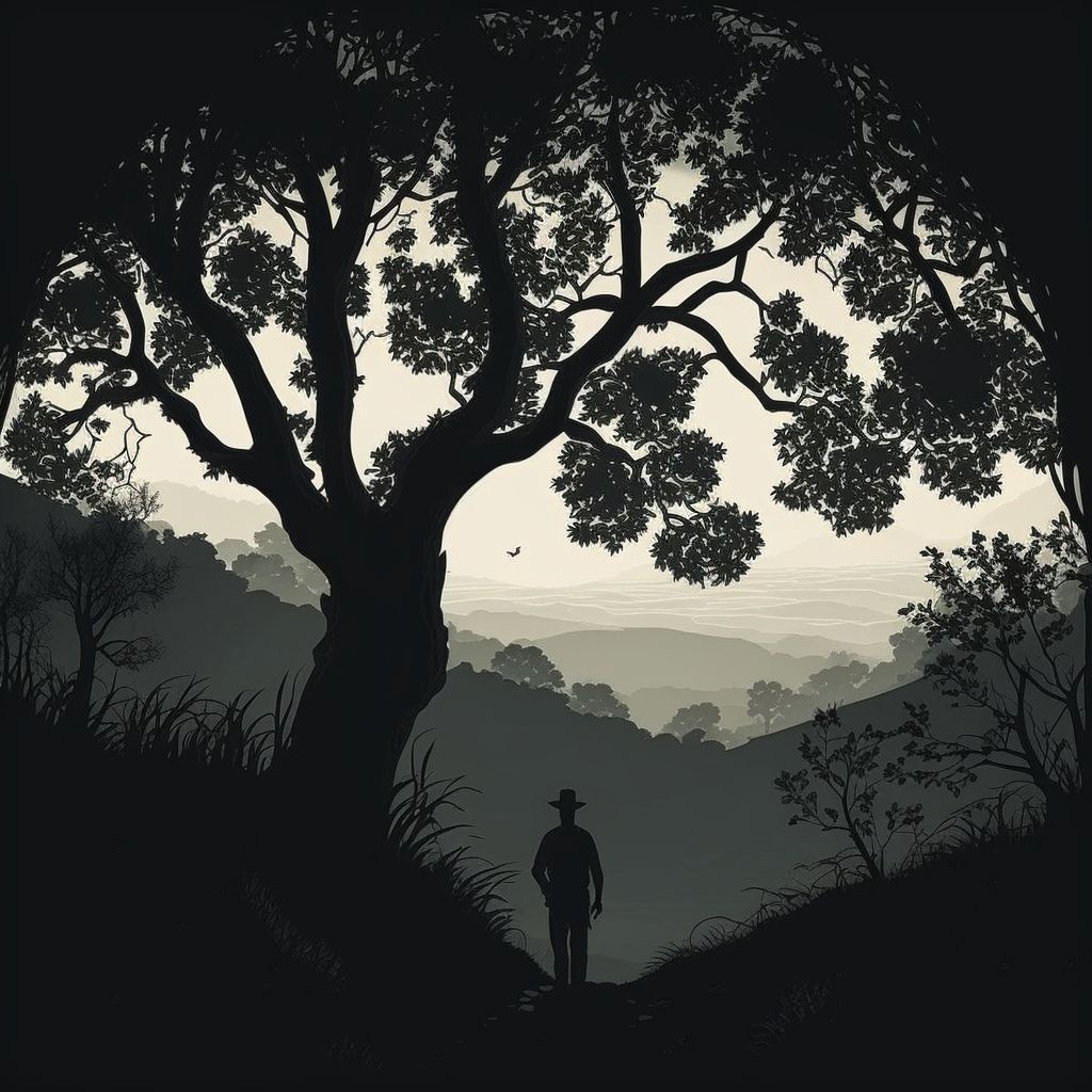 Prompt: The landscape was a tranquil vista of rolling hills, lush valleys, and distant mountains, but beneath the peaceful serenity lurked something deeper: the silhouettes of people hidden in the trees, their presence only visible if you looked closely enough