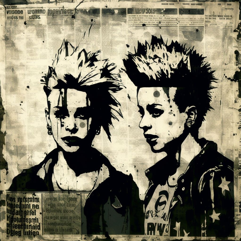 Prompt: ink painted two punks on the newspaper