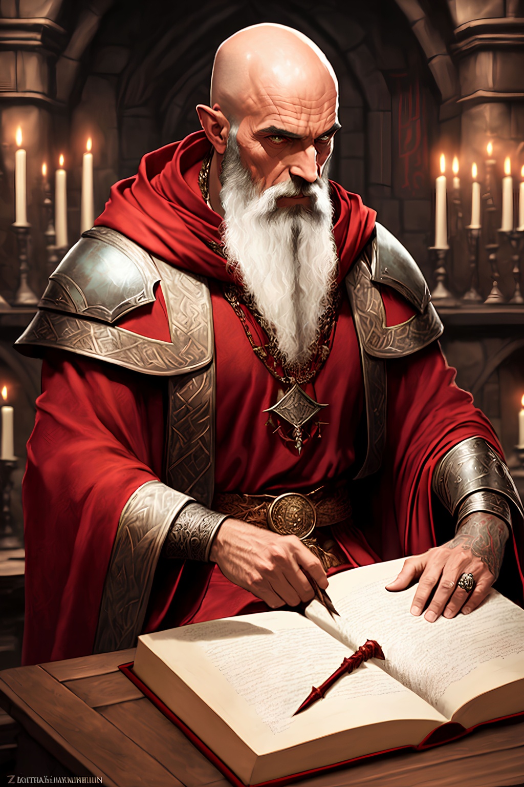 Prompt: ((Breathtaking)) ((high quality)) hdr ((bokeh)) ((photorealism)) textured shiny skin (bald) grizzled ((red wizard)) with ((runes on his head)) ((Aznar Thrul)) Zulkir of Evocation from Forgotten Realms, sharp nose, stern look, wrinkled expression, weathered and rugged, wise mage by ((Bastien L. Deharme and Antonio J. Manzanedo)), dark, ((flowing red robes made of a heavy coarse fabric)), robes adorned with intricate arcane symbols in fiery red thread, leather belt, on his left hand a silver ring set with a blood-red stone. in a dimly lit, stone chamber, surrounded by shelves filled with ancient tomes and mysterious artifacts, flickering candles and a few magical lights, casting eerie shadows on the walls, In the center of the room a large, stone table covered in maps and diagrams, an open book with arcane writing, in the middle of casting a spell, his right hand raised, fingers curled into a complex gesture. Sparks of red magic swirl around his hand as he calls forth his dark powers. Crisp Pinterest model Portrait.