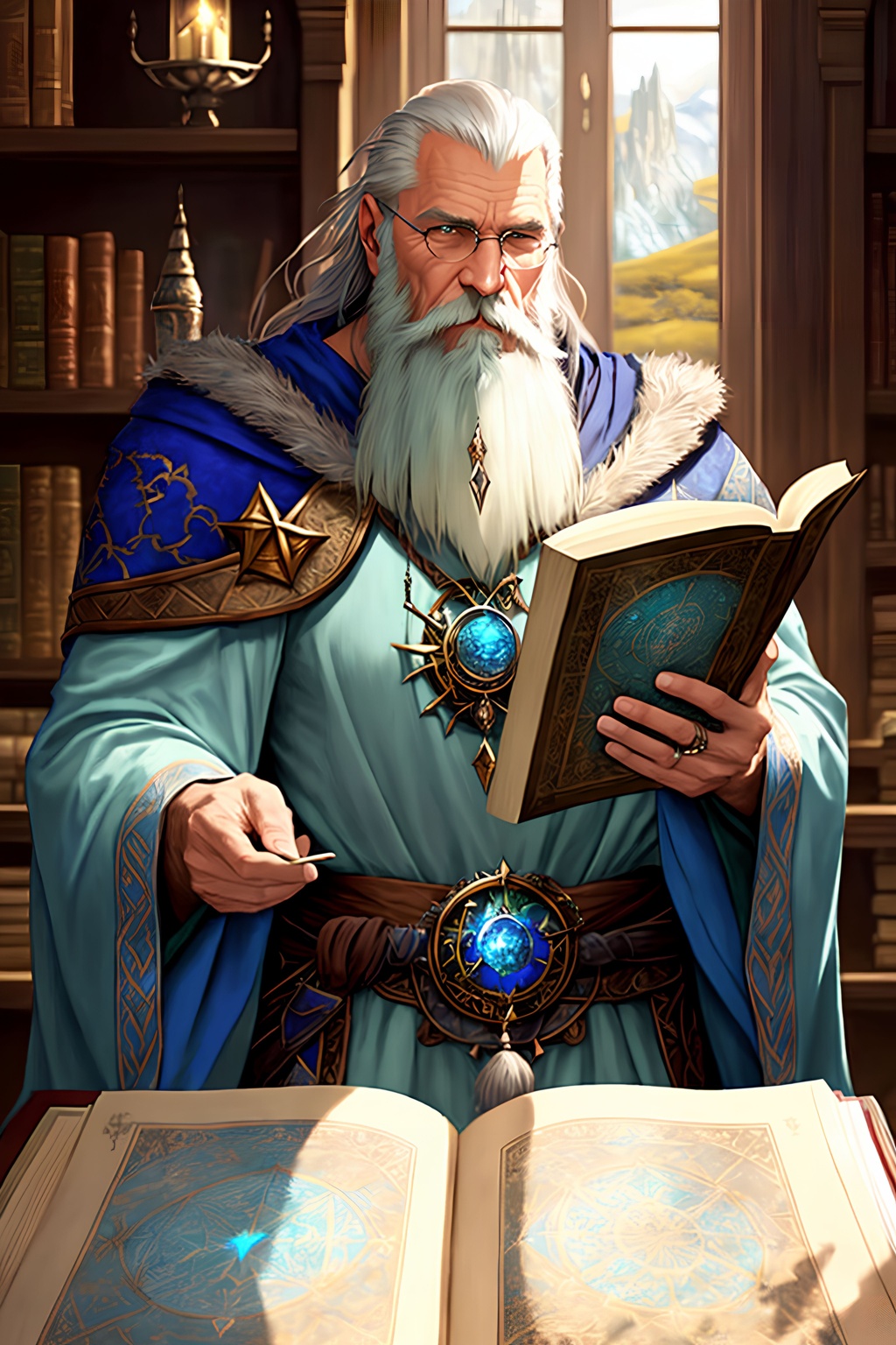 Prompt: (Breathtaking) (((high quality))) hdr (((bokeh))) (((photorealism))) textured ((wrinkled)) skin grizzled ((sage)) with ((a flowing white beard)) ((Elminster Aumar)) of Shadowdale from Forgotten Realms, sharp nose, kind eyes, and a wise expression, weathered and rugged, powerful mage by ((Todd Lockwood and Matt Stawicki)), dressed in a long flowing blue robe adorned with intricate silver embroidery in the shape of arcane symbols, simple leather belt, a ring with a glimmering blue gemstone, stands in the center of his wizard tower, surrounded by shelves filled with ancient tomes and mystical artifacts. In the center of the room stands a large, ornate wooden table covered in maps and diagrams, with an open spellbook lying in the center, his left hand on the book and his right hand raised, fingers curled into a complex gesture, ready to cast a powerful spell, Through the window behind him a breathtaking view of the surrounding countryside can be seen, magnificent sunset casting warm light across the land. serene expression, one of the most formidable mages in all of Faerûn. Crisp Pinterest model Portrait.