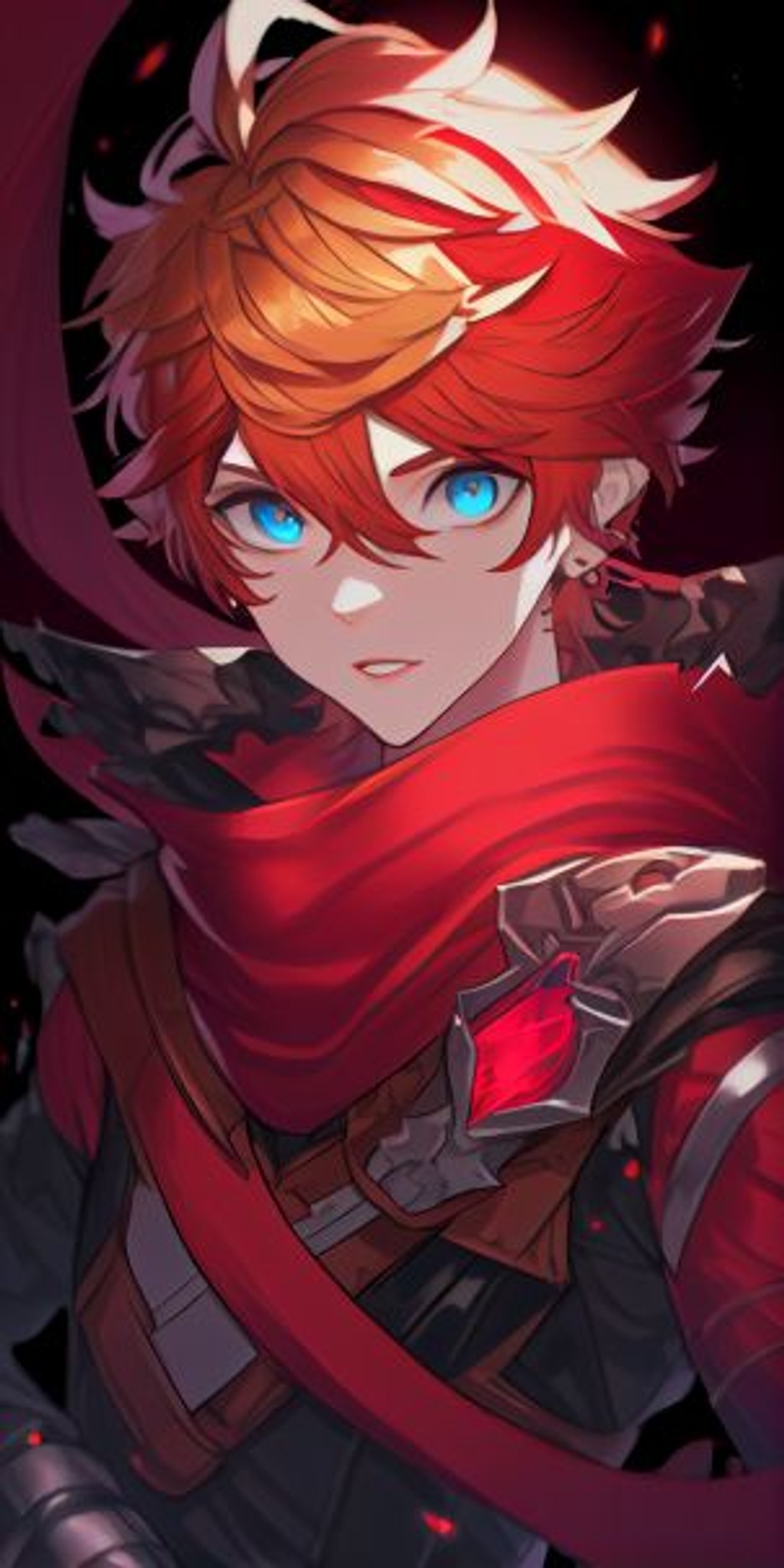 Prompt: Genshin Impact character with short ginger hair, blue eyes, silver clothing, red scarf, and a red mask on the side of his head, Confident and charismatic