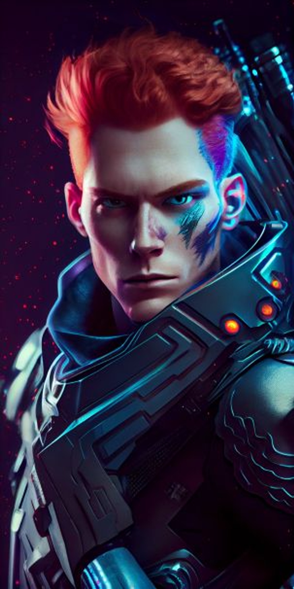 Prompt: dramatic angle, Unreal Engine 5, young man with slicked back ginger hair and piercing blue eyes, wearing futuristic glowing neon armor with a determined look on his face, holding a lazor pistol ready to battle, background + interglactic space fight,