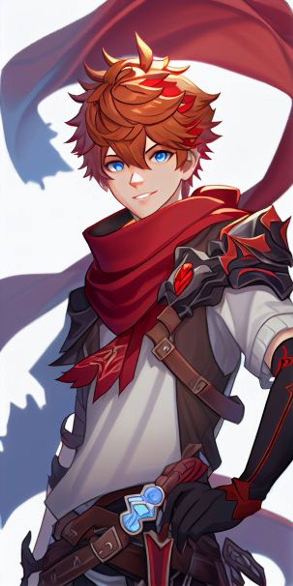 Prompt: Genshin Impact character with short ginger hair, blue eyes, silver clothing, red scarf, and a red mask on the side of his head, Confident and charismatic