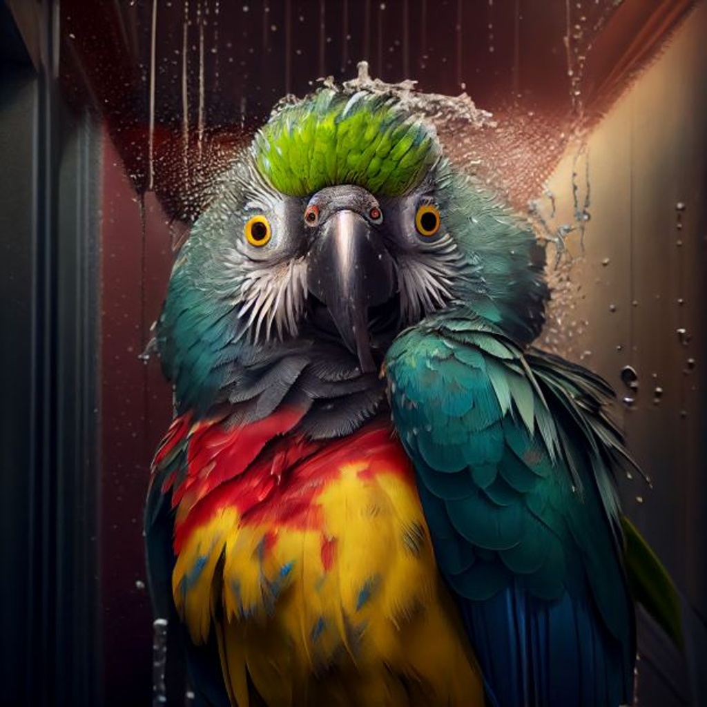 Prompt: wet parrot sitting under a shower nozzle with his down feathers showing