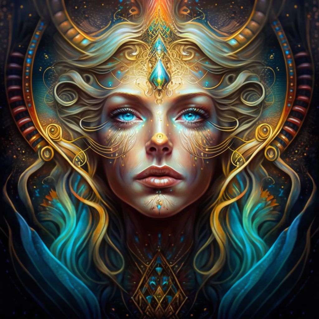 Prompt: dmt goddess looking down at me in the dmt realm