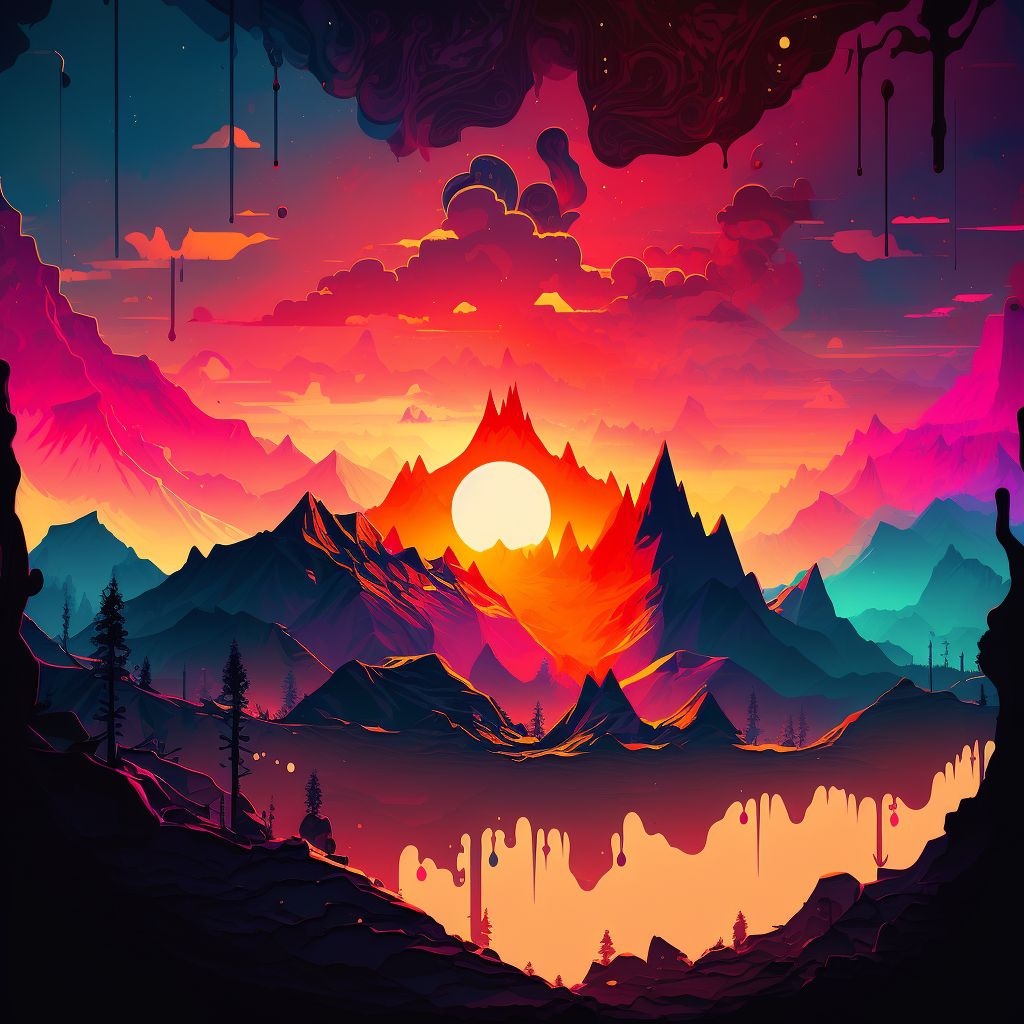 Prompt: oversatureded colors of the sunset over the vector mountains, hidden magical symbols hidden all over in the image