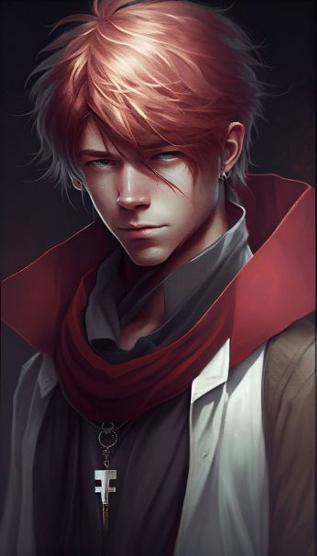 Prompt: a young man :: 5 with short, spiky orange hair :: 4 and piercing blue eyes :: 4. He wears a sleeveless silver and grey tunic :: 4 with intricate red embroidery, and a matching pair of silver pants :: 3. A long red scarf :: 3 is draped around his neck and falls to his side. He has a confident smirk :: 3 on his face, and he stands with one hand on his hip :: 3