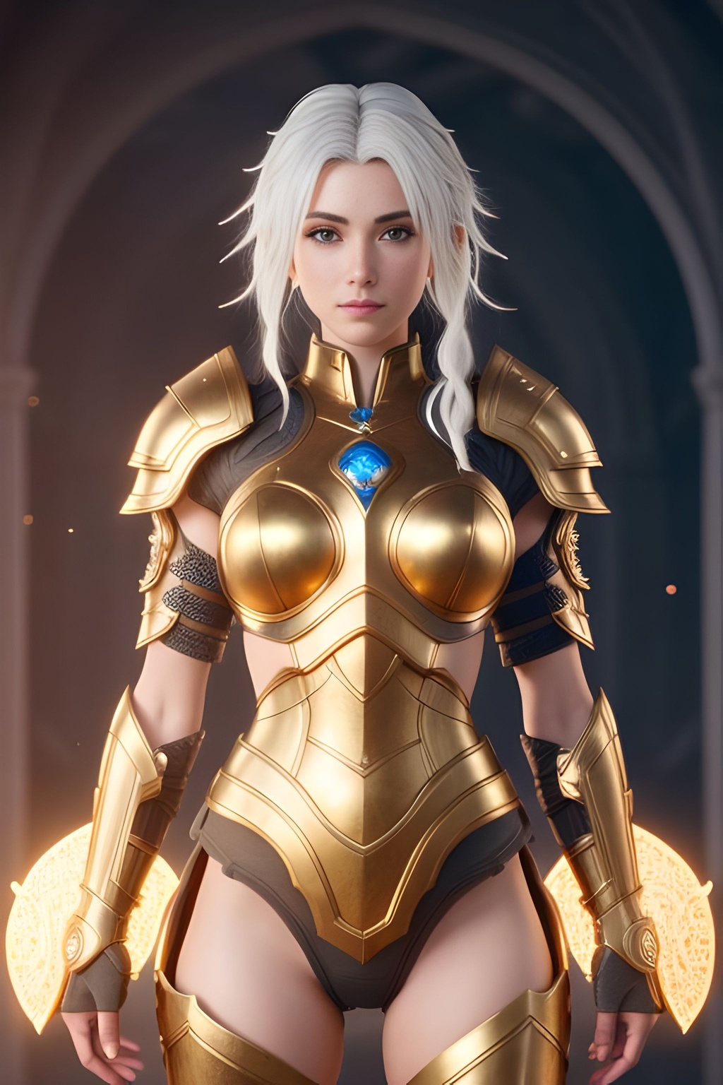 Prompt: full body, warrior, hyper detailed armor, gorgeous woman, goddess, white hair, perfect face, perfect eyes, 8k eyes, intricate details, insanely detailed, masterpiece, cinematic lighting, 8k, complementary colors, golden ratio, octane render, volumetric lighting, unreal 5, artwork, concept art, cover, top model, light on hair