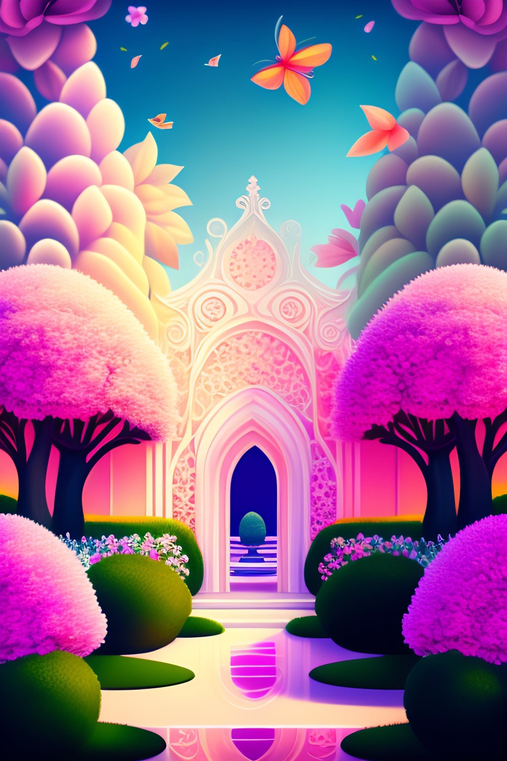 Prompt: A garden, flower trees, white and pink leaves, aesthetic color palette, intricate, magnificent, vector art, procreate, illustration