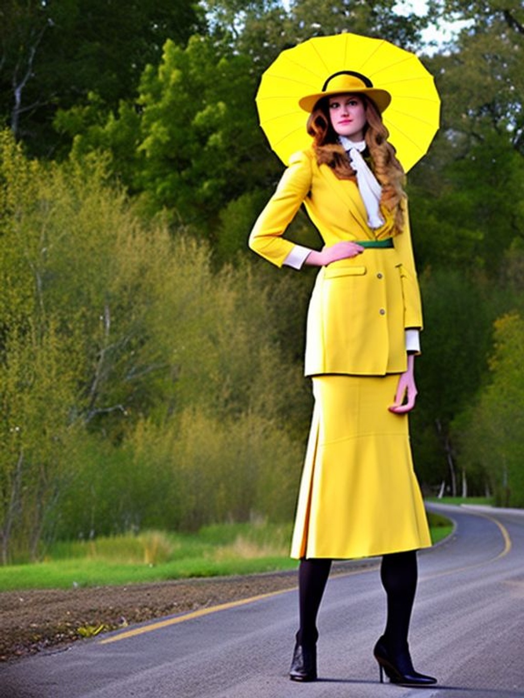 Prompt: A girl with a full yellow Victorian outfit, A yellow cartwheel hat, a yellow high-hip fitted blazer, a white shirt and yellow man-tailored tie, a belted yellow pencil skirt and sheer stockings, a yellow stiffed stole shoe, and half-tied long light brown hair bear a striking resemblance. Just like Jennifer Hale, a road, a landscape, a forest, Toei anime studio, post-apocalyptic sci-fi, Cyber Noir, HQ, 4k