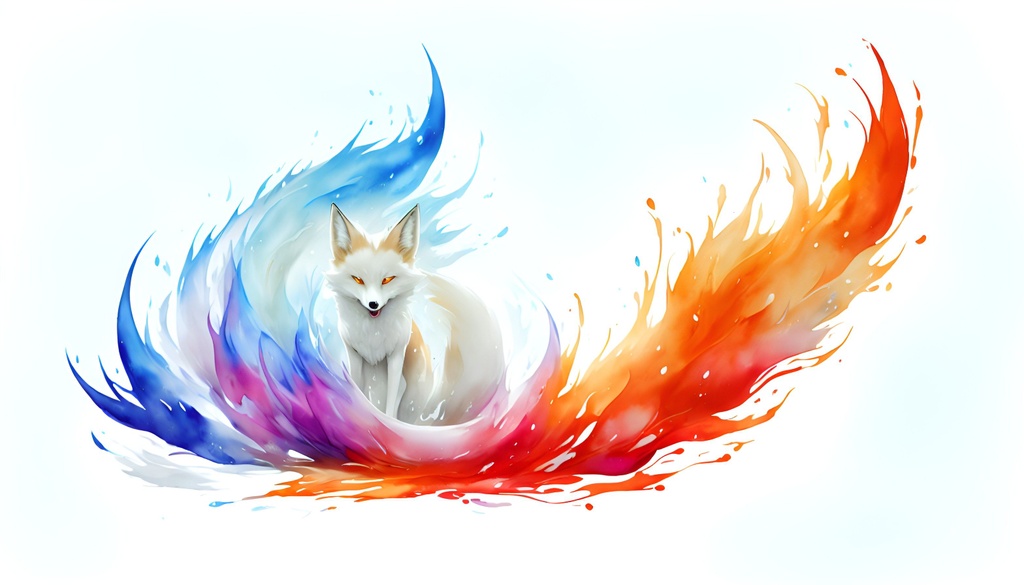 Watercolor splash art, a nine tails snow fox, ((whit...