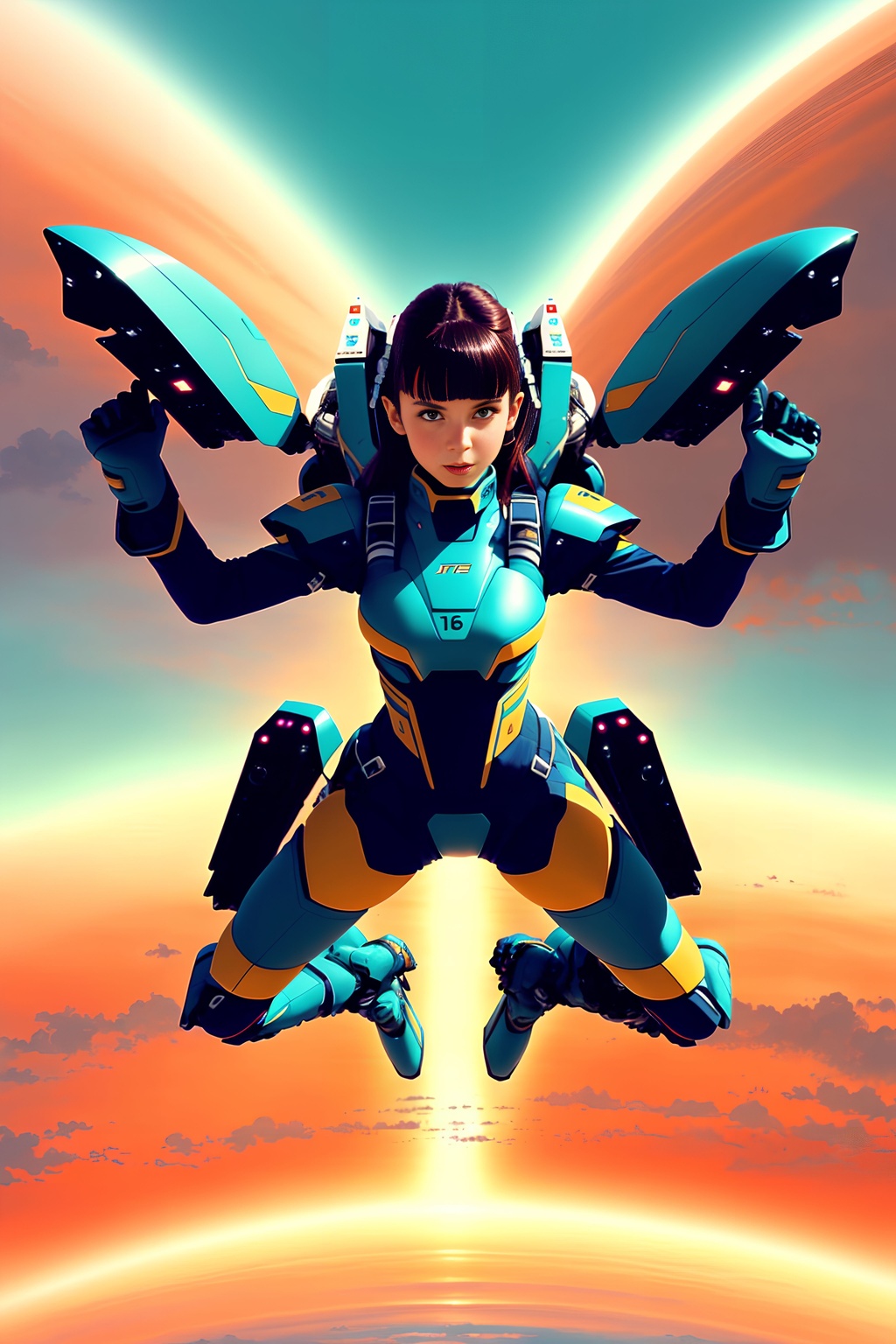 Prompt: epic otherworldly (((action shot of girl with hands up flying with jetpack))), tight mech suit, art by Andrzej Sykut, Chris Foss, and Stephan Martinière, ((close up flying though the air)), terraformed Mars, distant future. symmetrical matching outfit. (((16:9 4k wallpaper))). raytracing, realistic shadows being cast, Martian sands and sky.