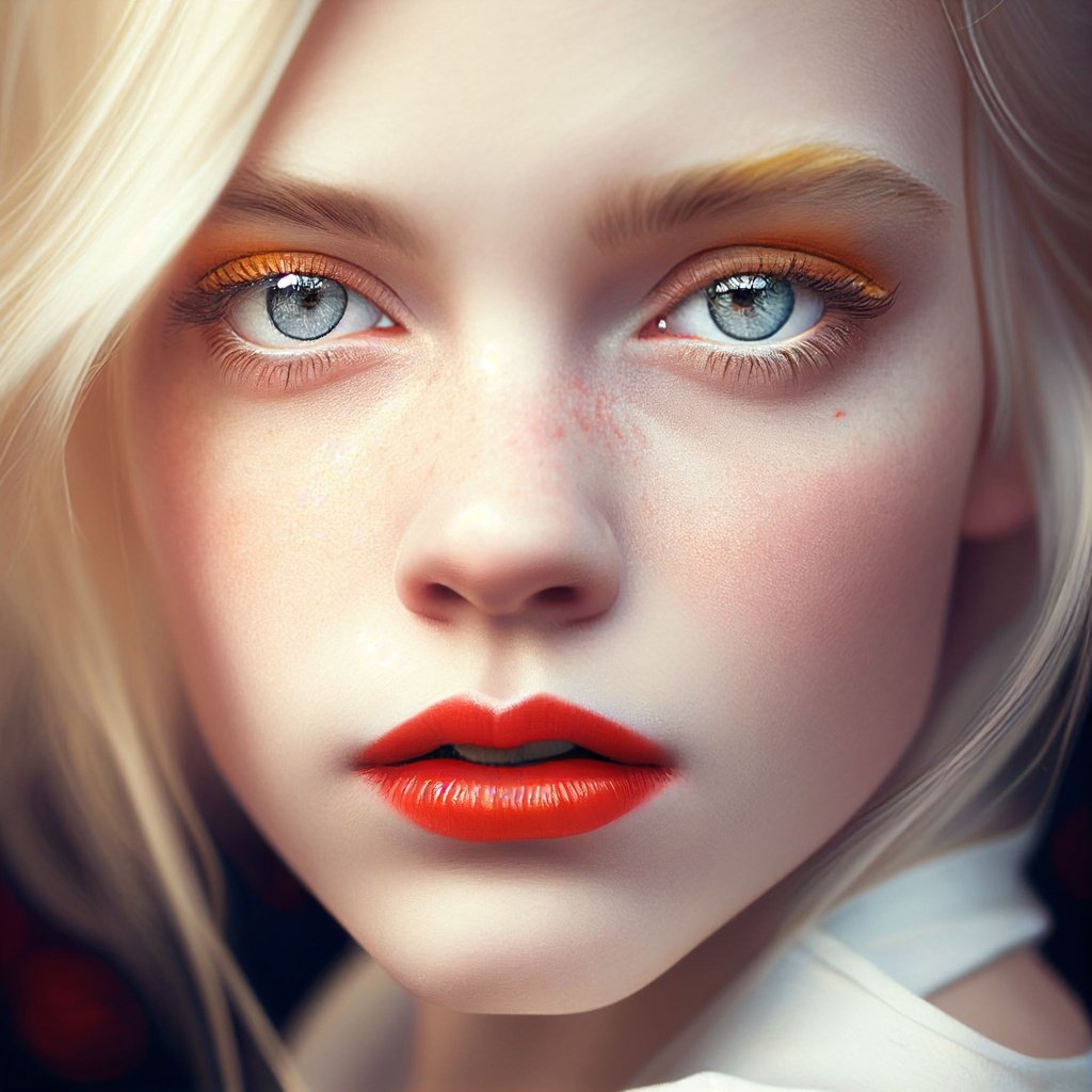Prompt: close up pale white girl face, gold hair, red lipstick, dark blue eyes, ultra high contrast, extreme depth of field , eye candy