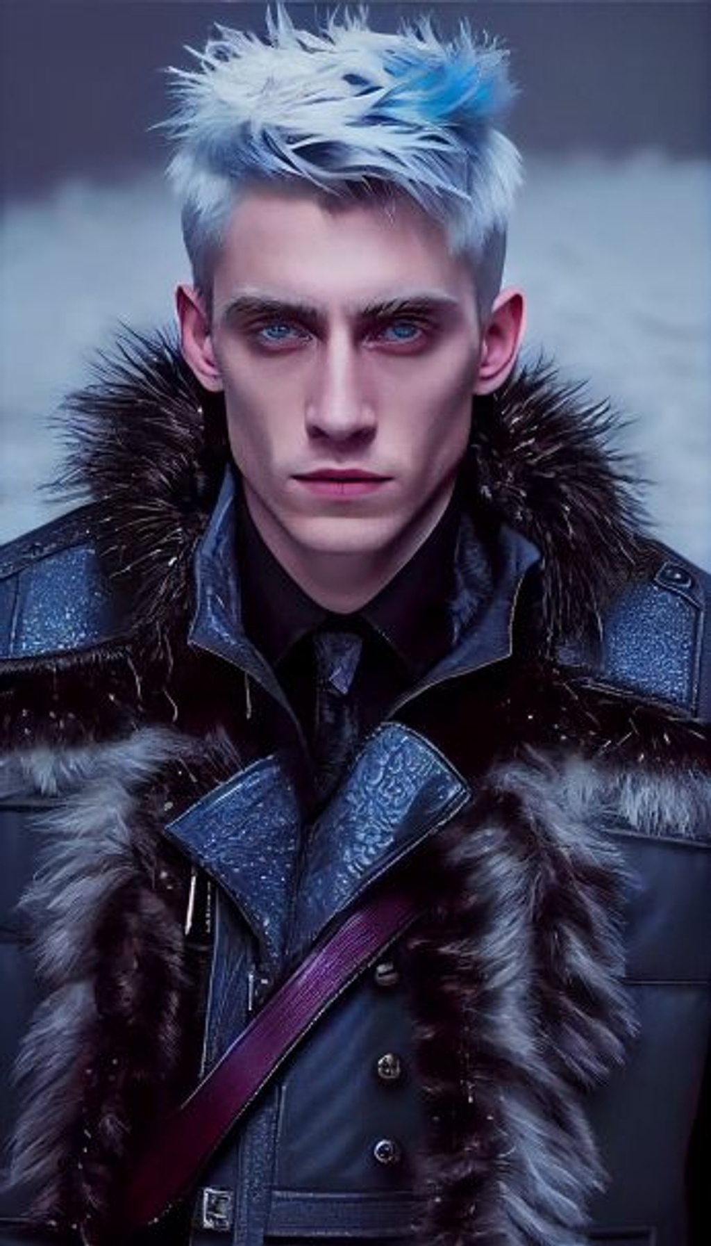 Prompt: Imagine a man with a strong, Russian-looking build, standing tall and confident. He's wearing a black jacket with black fur trim and intricate red patterns that catch the eye. His ice blue eyes are sharp and piercing, seeming to see right through you. He has short ice blue hair with a touch of white frosting on the sides, adding to his overall rugged appearance. Despite his stoic demeanor, there's a hint of a mischievous grin on his lips that suggests he knows something you don't.