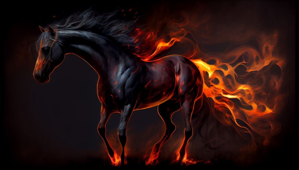 Prompt: majestic Frisian horse :: with a jet black coat :: fiery red mane and tail :: piercing red eyes :: standing before a black portal to hell :: flames burning brightly and disintegrating into small flecks of cinder and ash :: radiating an aura of danger and malevolence :: the largest known draft horse in history ::