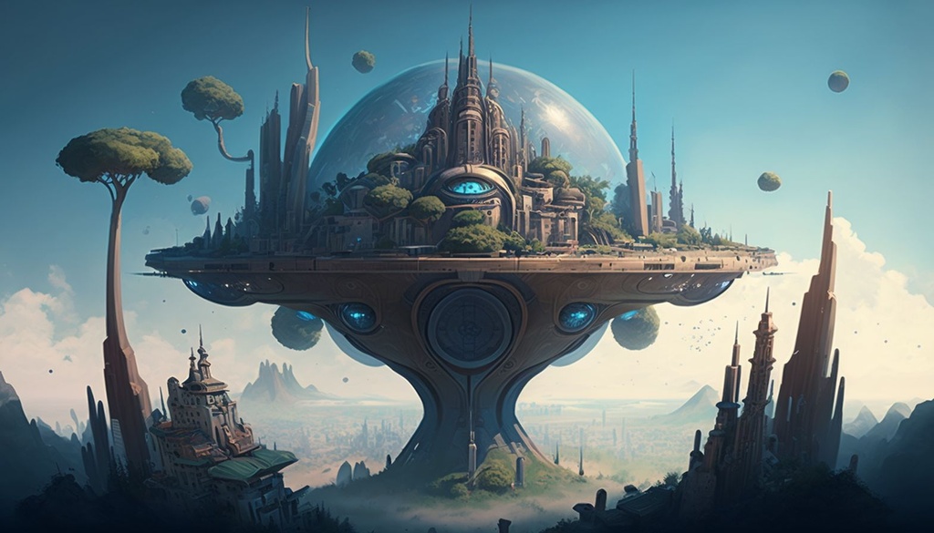 Prompt: A futuristic city on a floating island in the sky, inspired by the works of Beeple, Yggdrasil, Sylvain Sarrailh, Igor Morski, and other fantasy artists. The city features a domed skyline, a massive Yggdrasil tree, ornate buildings, magical creatures, and other elements that evoke a sense of wonder and adventure. The sky is filled with stars, and flying cars zip through the air, creating a stunning backdrop