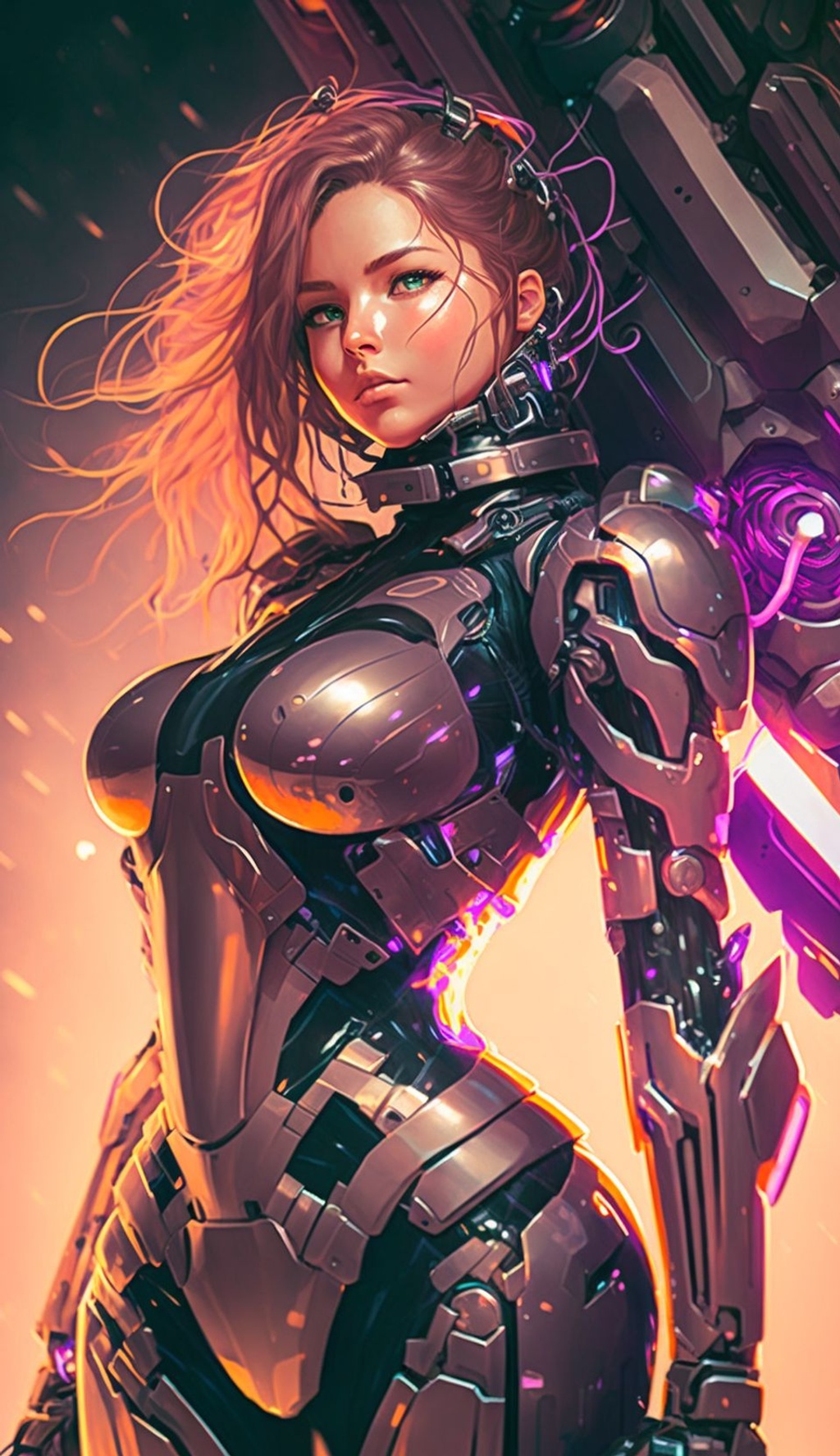 Prompt: beautiful young girl in a futuristic female warrior armor(cyborg neon armor), style Soviet poster, USSR poster, guns and swords in the background, mech war in the background, sunny weather, anime, manga graphics, dark colors, offset printing, high detail, Poster, 8K, HD, CMYK, Happy, Natural Lighting --q 2 --ar 9:16