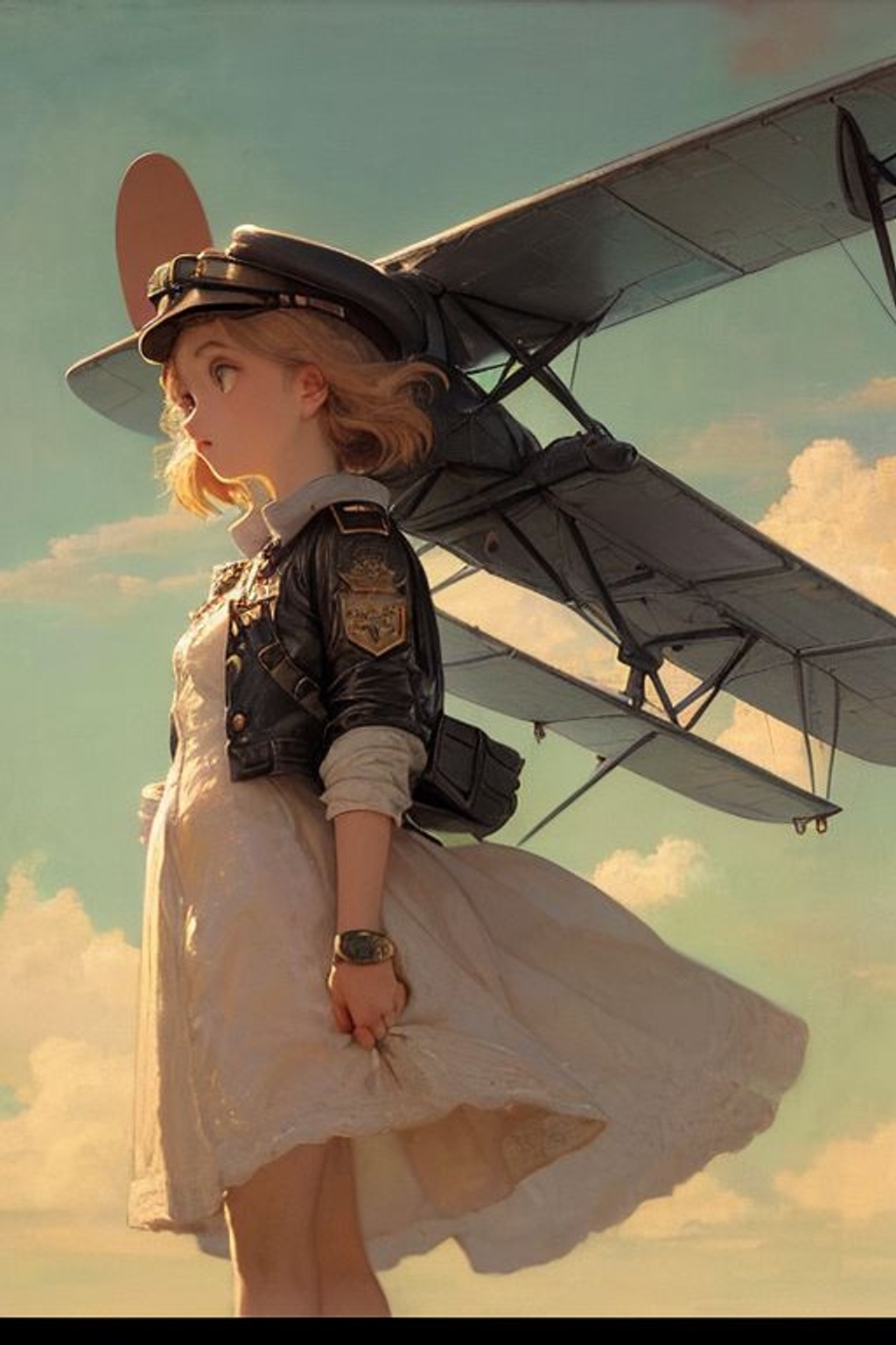 Prompt: Girl, Vintage, Airplane, Aircraft, Fly, Clouds, Biplane, Plane, Oil Painting, Impressionist Painting, Degas Style Painting, Alphonse Mucha, Modern Art, Pop Art