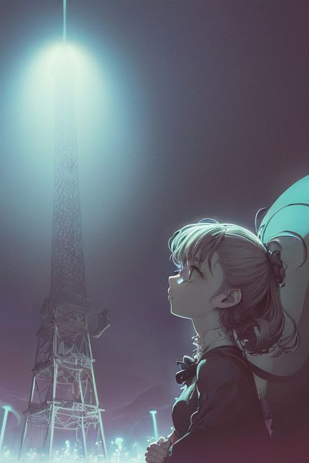Prompt: girl looking at the sky,dreamy atmosphere,abigail larson, don bluth, artgerm, joshua middleton, purple color pallete, welcome to night vale, radio tower with black hole above it,