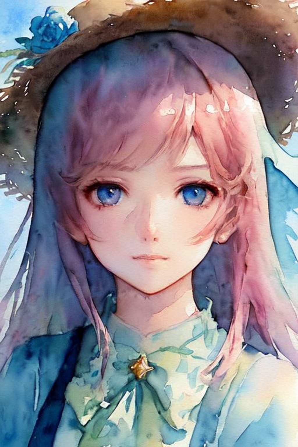 Prompt: portrait of a cute girl with pink hair with straw hat dress in boho style camping, symmetry face, top lighting, cute - fine - face, ( watercolor ), art by hidari and krenz cushart and wenjun lin and starember