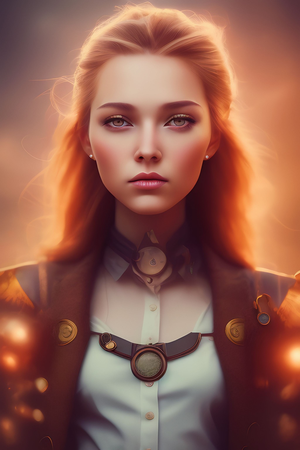 Prompt: detailed, close up portrait of girl standing in a steampunk city with the wind blowing in her hair, cinematic warm color palette, spotlight, perfect symmetrical face