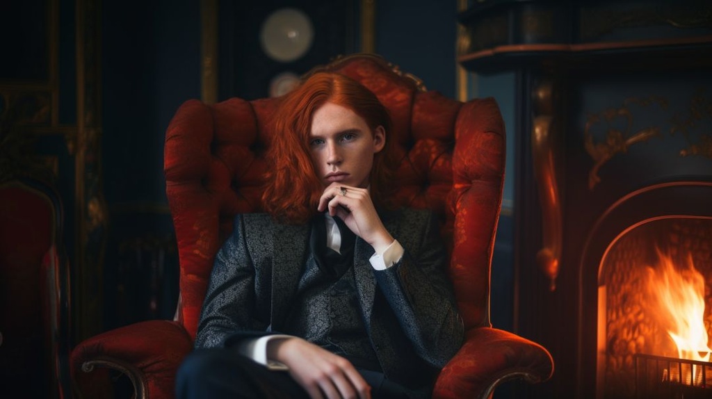 Prompt: full body charater concept, a young socialite vampire man with long red wavy ginger hair sitting in a red victorian armchair having a smoke, alluring red eyes, hypnotic gaze, charming, handsome, flirty, swaave, Background + High Society Victorian Mansion + smoking room, Proper victorian clothing, 70mm, high detail, nikon d750, hyper detailed, photographic detail, uhd, unreal engine 5, headshot render, octane render, bokeh, style of Karol Bak + Charlie Bowater --ar 16:9 --q 2 --upbeta --v 5