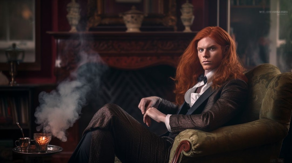 Prompt: full body charater concept, a young socialite vampire man with long red wavy ginger hair sitting in a red victorian armchair having a smoke, alluring red eyes, hypnotic gaze, charming, handsome, flirty, swaave, Background + High Society Victorian Mansion + smoking room, Proper victorian clothing, 70mm, high detail, nikon d750, hyper detailed, photographic detail, uhd, unreal engine 5, headshot render, octane render, bokeh, style of Karol Bak + Charlie Bowater --ar 16:9 --q 2 --upbeta --v 5