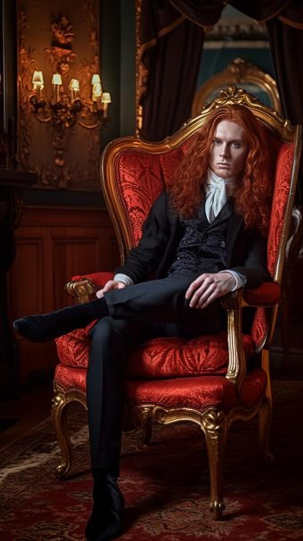 Prompt: full body charater concept, a young socialite vampire man with long red wavy ginger hair sitting in a red victorian armchair having a smoke, alluring red eyes, hypnotic gaze, charming, handsome, flirty, swaave, Background + High Society Victorian Mansion + smoking room, Proper victorian clothing, 70mm, high detail, nikon d750, hyper detailed, photographic detail, uhd, unreal engine 5, headshot render, octane render, bokeh, style of Karol Bak + Charlie Bowater --ar 9:16 --q 2 --upbeta --v 5