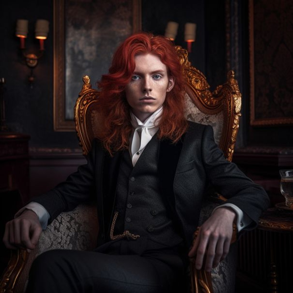 Prompt: full body charater concept, a young socialite vampire man with long red wavy ginger hair sitting in a red victorian armchair, alluring red eyes, hypnotic gaze, charming, handsome, flirty, swaave, Background + High Society Victorian Mansion + smoking room, Proper victorian clothing, 70mm, high detail, nikon d750, hyper detailed, photographic detail, uhd, unreal engine 5, headshot render, octane render, bokeh, style of Karol Bak + Charlie Bowater --q 2 --upbeta --v 5