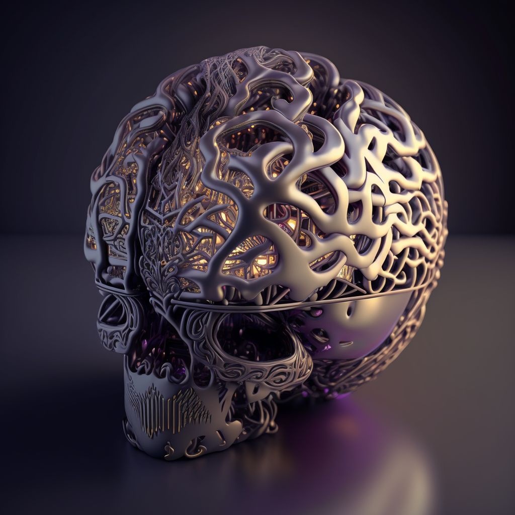 Prompt: A complex 3d render of a beautiful porcelain human brain, with glowing details, ultra detailed, cyborg, robotic parts, 150 mm, beautiful studio soft light, rim light, vibrant details, luxurious cyberpunk, lace, hyperrealistic, cable electric wires, microchip, elegant, beautiful background, octane render, H. R. Giger style, 8k