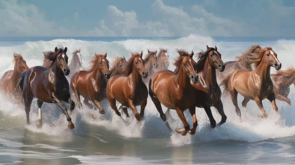 Prompt: realistic herd of horses running to the left, sides o the horses, through the ocean water, ocean spray spashing as they run --ar 16:9 --q 2 --upbeta --v 5