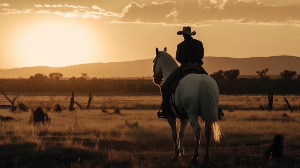 Prompt: a horse and cowboy dressed like the 1800s riding through an open field into the sunset, horse is white with dark brown spots --ar 16:9 --q 2 --upbeta --v 5