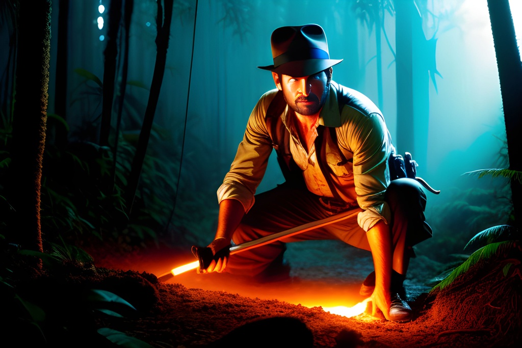 Prompt: photograph_of_Indiana_jones_in_a_dark_steamy_jungle_using_his_bullwhip__highly_detailed__intricate_d_Seed-5651345_Steps-25_Guidance-7.5