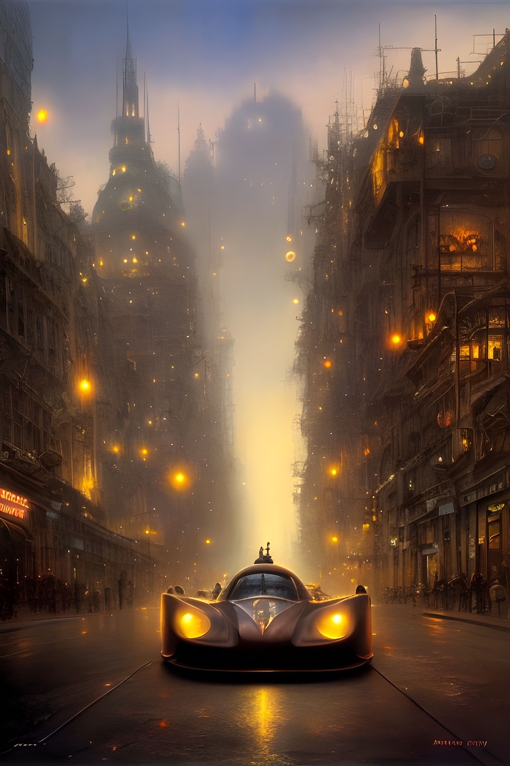 Prompt: ________Steampunk_City__night__street_level____________Futuristic_automobile______xy8__shadows__Abst_Seed-2051804_Steps-25_Guidance-9.1