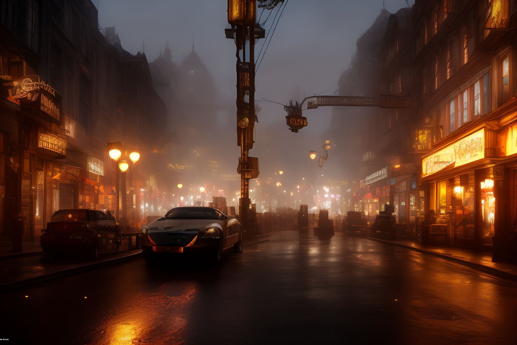 Prompt: mdjrny_v4_style_Wallpaper________Attractive_Fit_Woman______Steampunk_City__Night_Scene_Street_Level__Seed-1144864_Steps-25_Guidance-9.1