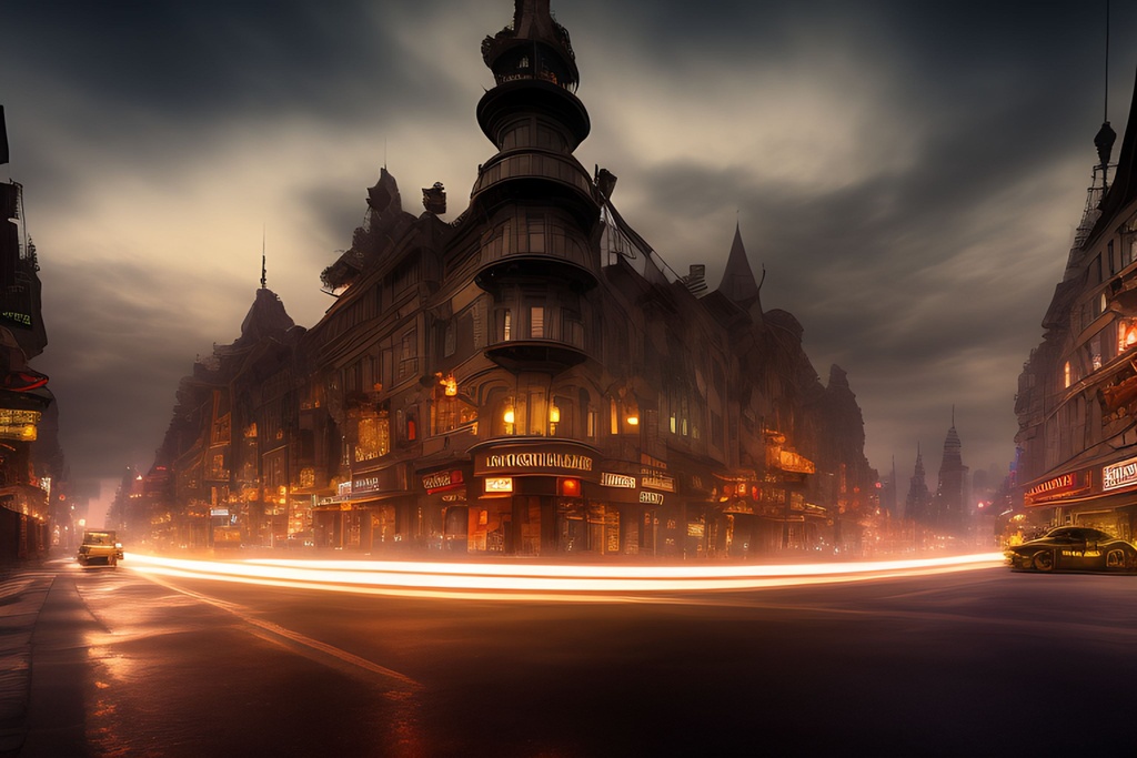 Prompt: mdjrny_v4_style_Wallpaper_Steampunk_City__night_scene__street_level__Dark_Muted_Colors__Shadows__Ani_Seed-6737161_Steps-25_Guidance-7.5