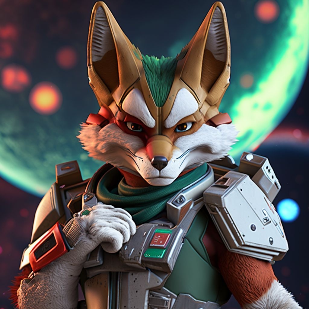 Prompt: A digital blender 3D version of Fox McCloud from the Star Fox series. F/1.8. 4k, UHD, space city background. HDR.