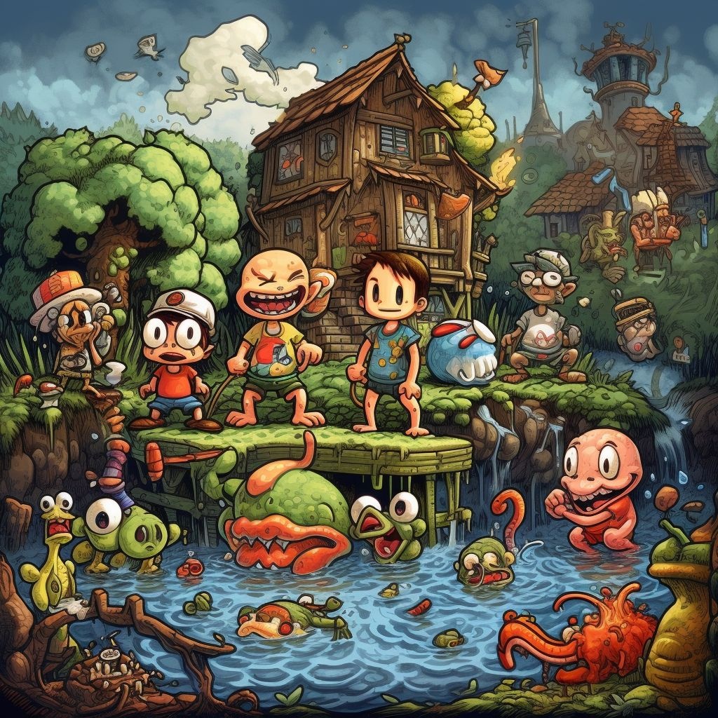 Prompt: a group of cartoon characters standing in front of a body of water, by Justin Gerard, pixel art, scary detailed art in color, childrens illustration, very very well detailed image, friendly guy and small creature, magical village, hyper detail illustration, boy, tomba, colorfull illustration, nes, cute