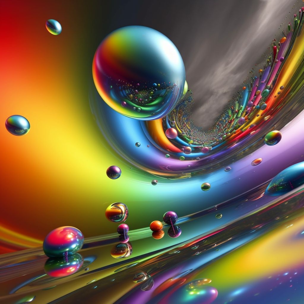 Prompt: upwards swirling rainbow with bouncing mirror balls