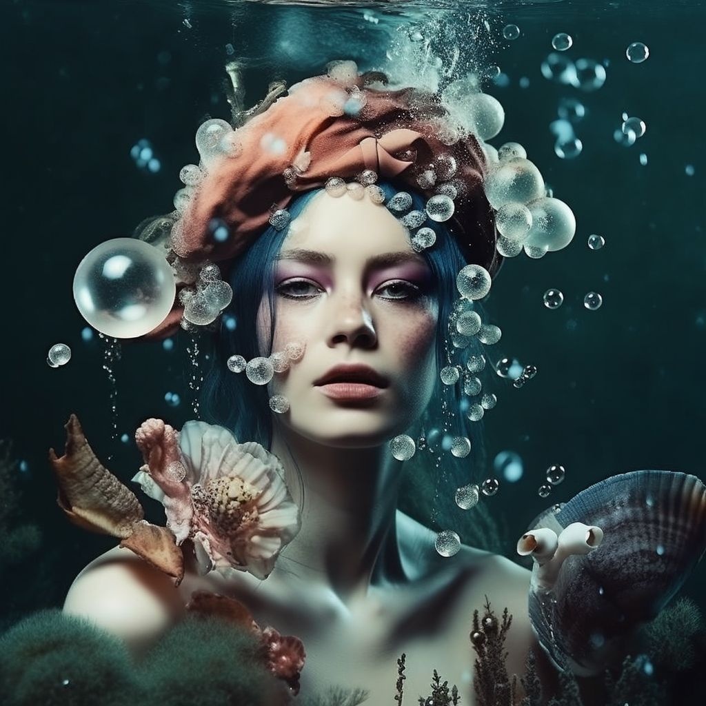 Prompt: underwater eternal mermaid with coral and mushroom on face, water bubbles