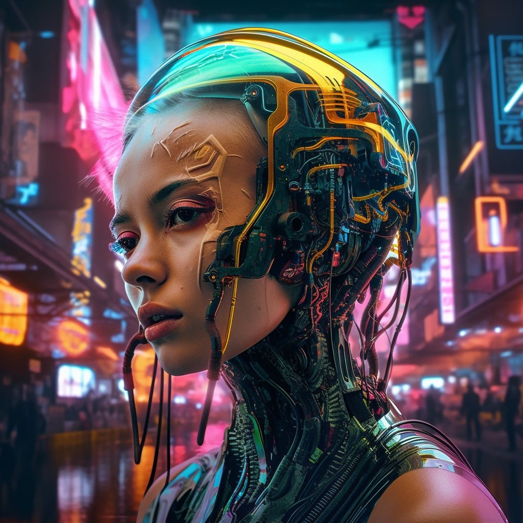 Prompt: a woman with a futuristic head in front of a neon background, cyberpunk art, by Mike "Beeple" Winkelmann, digital art, ultra detailed female android, portrait of a mechanical girl, covered in circuitry, a beautiful artwork illustration, portrait of an ai, highly detailed cybernetic body