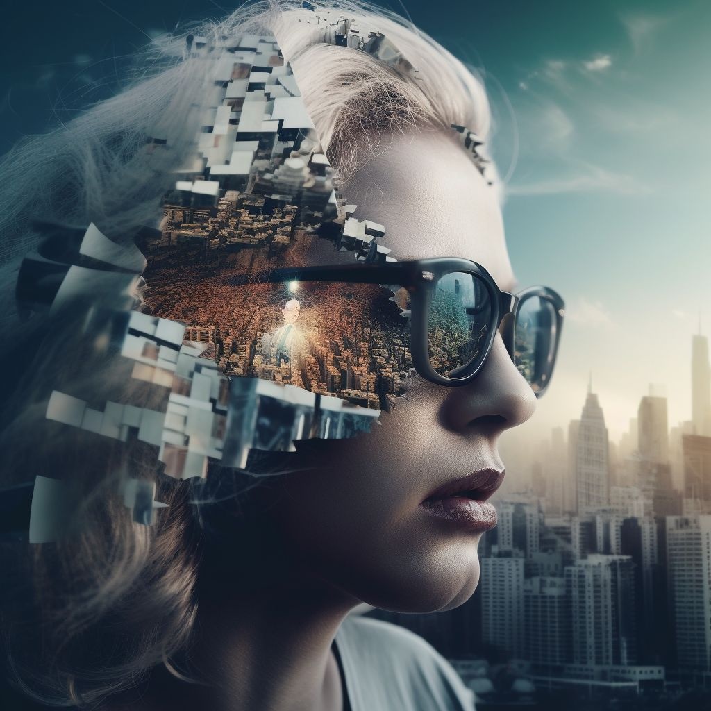 Prompt: a close up of a person wearing sunglasses with a city in the background, digital art, behance contest winner, digital art, broken mirrors composition, head exploding, beautiful surreal portrait, whose mind is pure machinery, poster illustration, amazing photo